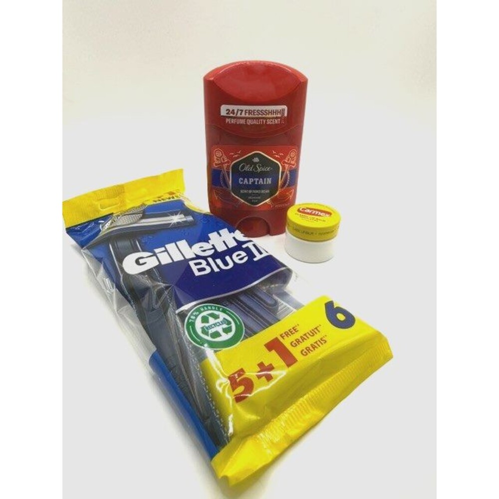 Gillette Blue II 5+1 Razors Old Spice Captain Deodorant Carmex Lip Balm Bundle